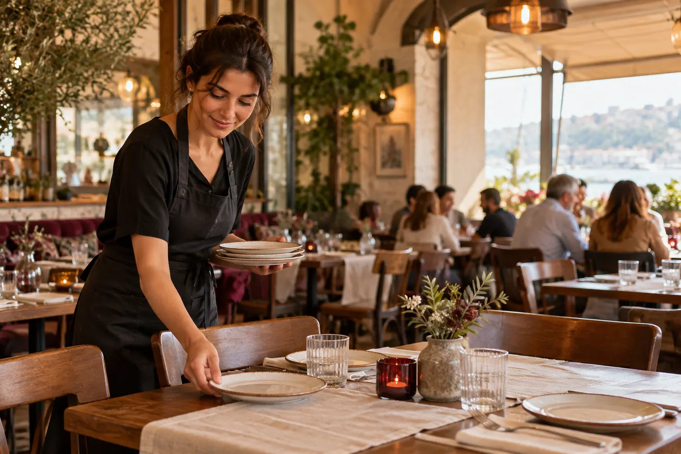 Restoranda servis yapan garson ve masa alanı