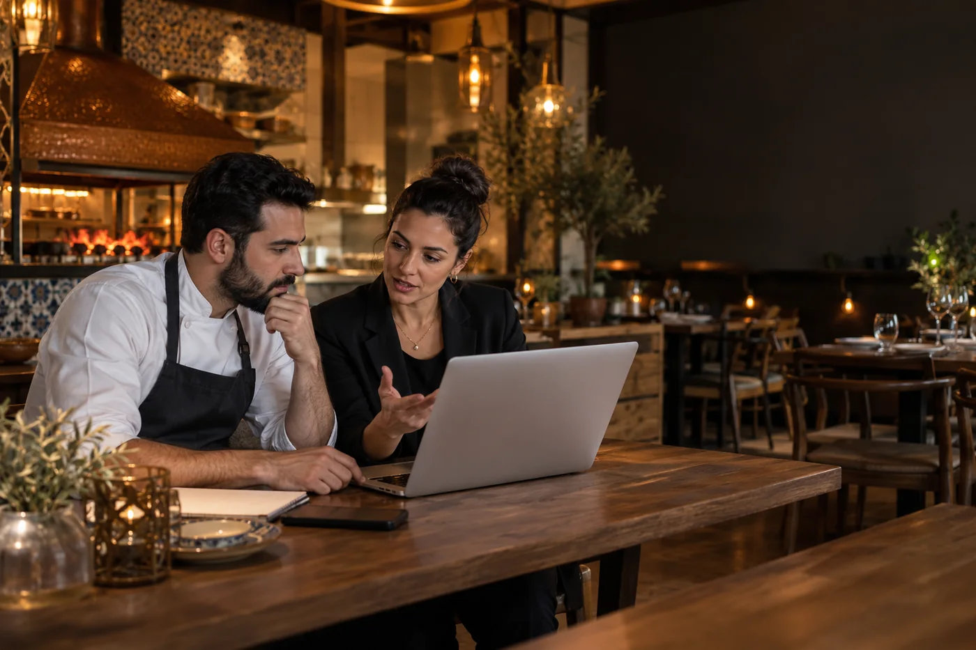 Restoran yöneticisinin dizüstü bilgisayarında günlük raporları incelemesi