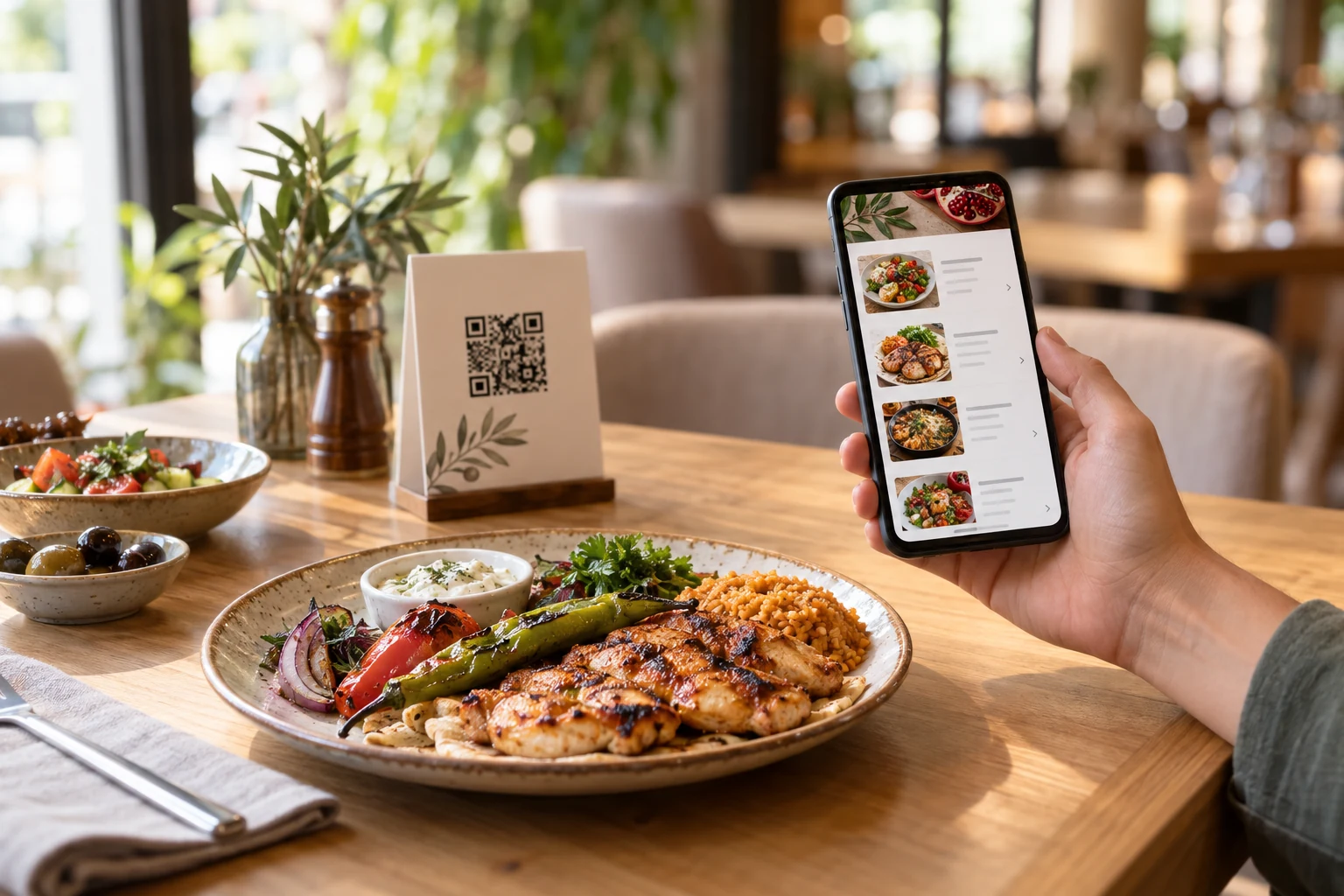 Restoran masasında QR kod kartı ve dijital menü açık bir telefon