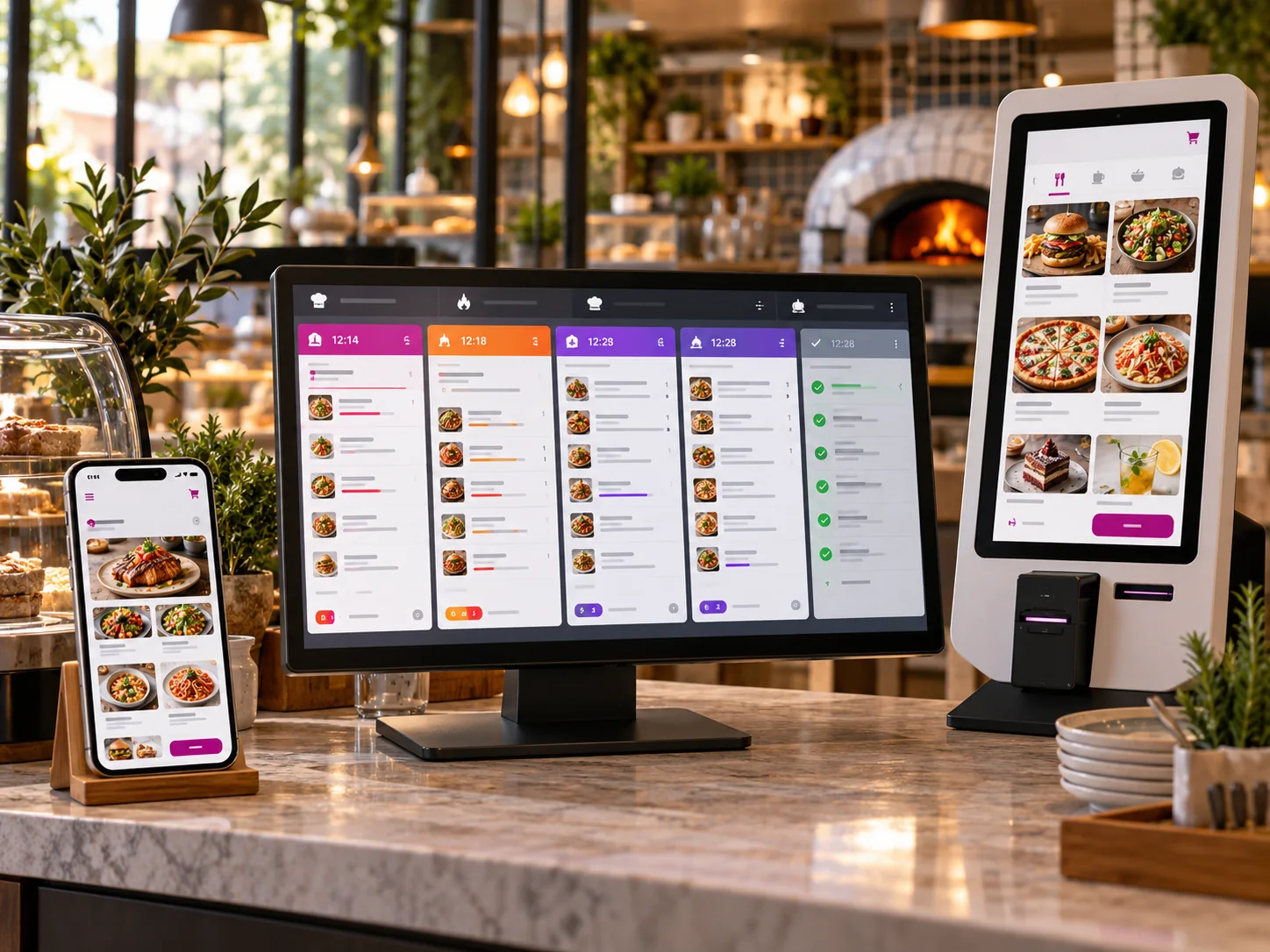 Restoran yazılımı için mutfak ekranı, QR menü telefonu ve kiosk cihazı