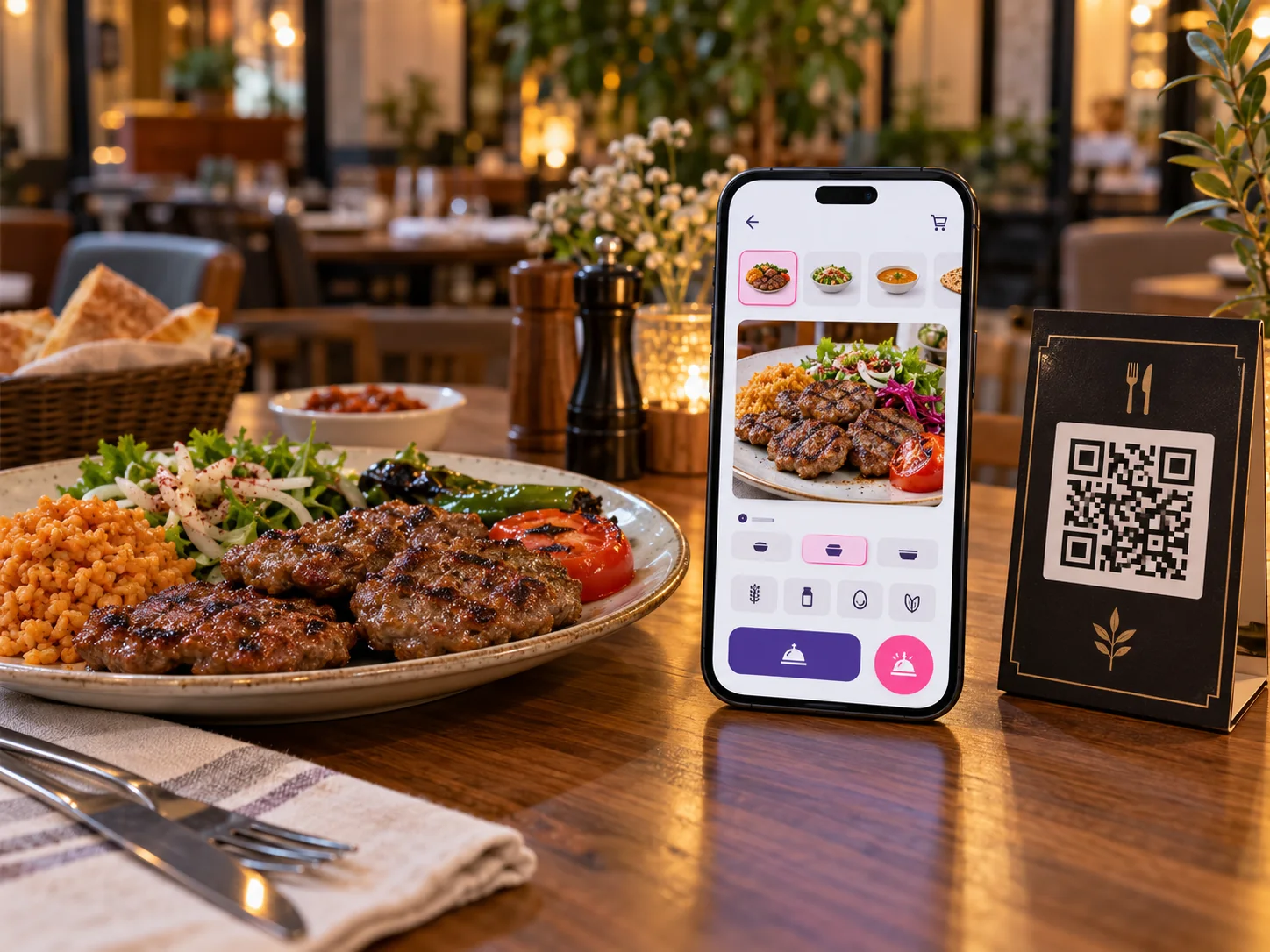 Restoran masasında QR menü açılmış telefon ve yemek sunumu